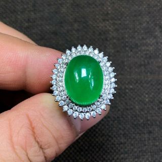 Rare Handwork S925 Silver & Green Jadeite Jade Oval Bead Chinese No.  7 - 13 Ring 2