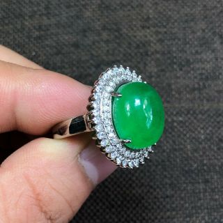 Rare Handwork S925 Silver & Green Jadeite Jade Oval Bead Chinese No.  7 - 13 Ring 3
