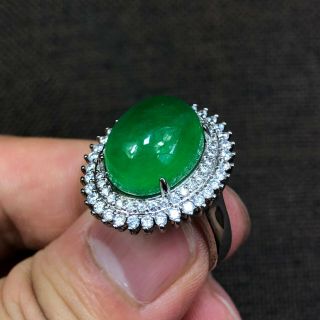 Rare Handwork S925 Silver & Green Jadeite Jade Oval Bead Chinese No.  7 - 13 Ring 4
