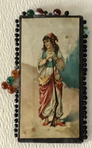 Antique Victorian Sewing Pin Cushion Card Neuss Bros Germany Peasant Lady Rifle