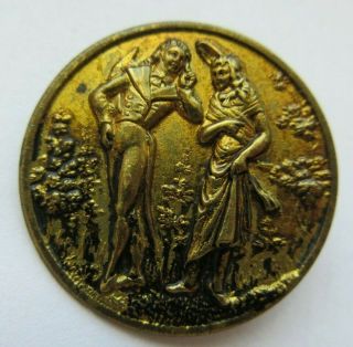 Wonderful Antique Vtg Victorian Metal Picture Button French Fops Couple (q)