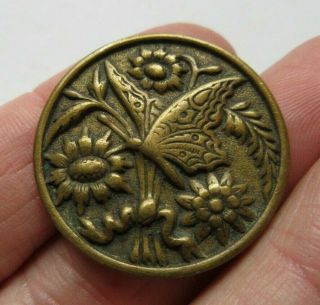 Gorgeous Antique Vtg Victorian Brass Metal Picture Button Butterfly Insect (s)