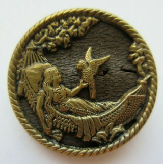 Rare Antique Vtg Wood Back Metal Picture Button Woman In Hammock (q)