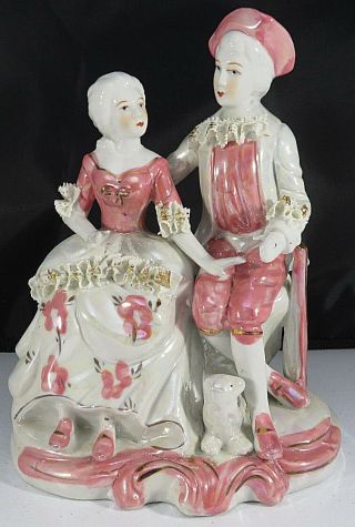 Vtg Porcelain Couple Figurine Rococo Victorian Pink White Gold Trim 8 "
