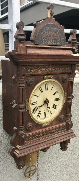 100,  Year old VINTAGE ANTIQUE WALL CLOCK W PENDULUM AND CHIME 2