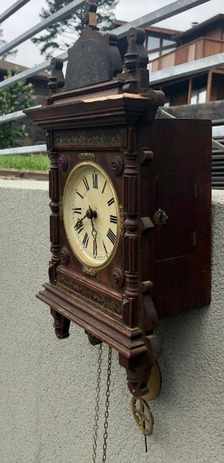 100,  Year old VINTAGE ANTIQUE WALL CLOCK W PENDULUM AND CHIME 3
