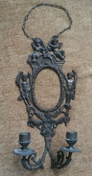 Antique Vintage Solid Brass Candle Wall Sconce Frame With Cherubs