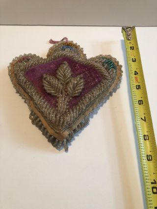 Antique,  Victorian beaded pin cushion,  leaf design,  colorful,  8” 2