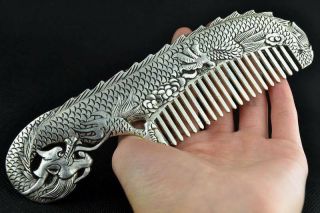 Chinese Old Copper Plating Silver Carving Dragon Comb A01