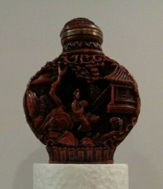 Vintage Chinese Well Carved Cinnabar Lacquer Snuff Bottle