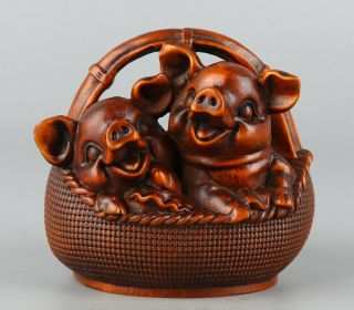 Chinese Exquisite Hand Carved Piggy Carving Boxwood Statue