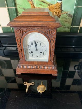 Junghans Oak Mantel Clock - Carved Decoration - Silvered Engraved Dial - Circa1910