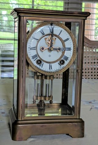 Antique Vintage Ansonia Brass Mantel Clock Glass Crystal Regulator Well Card For