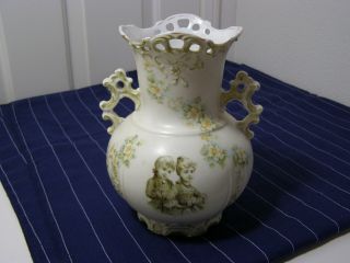 Vase Antique Porcelain 2 Handled Flowered Vase,  Les Inseparable