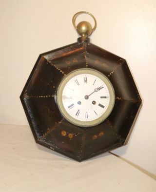 antique 1800 ' s German medaille d ' or painted toleware brass key wind wall clock 3