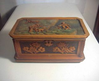 Antique German Black Forest Hand Carved Jewelry Box With Mountain Climbing Scene