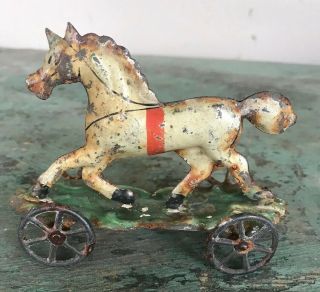 Antique 1800’s Tin Horse Pull Toy On Wheels Paint