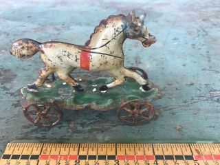 Antique 1800’s Tin Horse Pull Toy on Wheels Paint 2