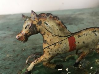 Antique 1800’s Tin Horse Pull Toy on Wheels Paint 7
