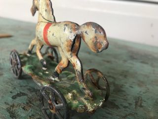 Antique 1800’s Tin Horse Pull Toy on Wheels Paint 8