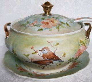Vintage Bavaria Hand Painted Birds And Dogwood Roses Soup Tureen W/ladle Signed