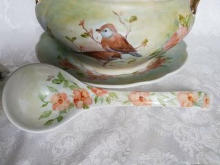 VINTAGE BAVARIA HAND PAINTED BIRDS AND DOGWOOD ROSES SOUP TUREEN W/LADLE SIGNED 3