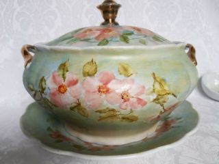 VINTAGE BAVARIA HAND PAINTED BIRDS AND DOGWOOD ROSES SOUP TUREEN W/LADLE SIGNED 5