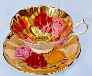 Vintage Queen Ann Gold Tea Cup & Saucer Red & Pink Roses Bone China England