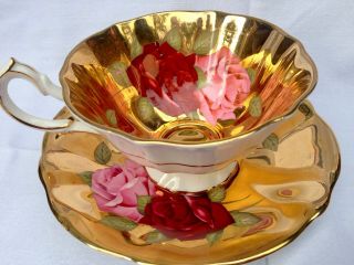 VINTAGE QUEEN ANN GOLD TEA CUP & SAUCER RED & PINK ROSES BONE CHINA ENGLAND 2