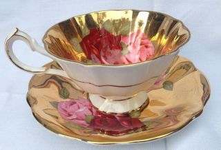 VINTAGE QUEEN ANN GOLD TEA CUP & SAUCER RED & PINK ROSES BONE CHINA ENGLAND 3