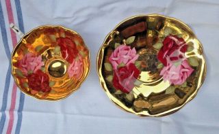 VINTAGE QUEEN ANN GOLD TEA CUP & SAUCER RED & PINK ROSES BONE CHINA ENGLAND 6