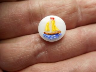 White Glass W/ Painted Ship Sail Boat Goofy Childrens Vintage Button 1/2 " Rs