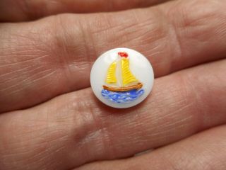 White Glass w/ Painted Ship Sail Boat Goofy Childrens Vintage Button 1/2 