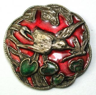 Antique Enamel & Silver On Brass Button Humming Bird & Dragonfly Scene 7/8 "