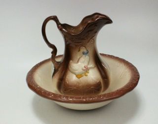 Vintage Ironstone Pottery Pitcher And Basin Set Wash Jug And Bowl Brown Goose