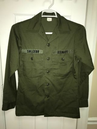 Vintage U.  S Navy Shirt,  Utility Dura Press Og - 507 Size 14 1/2 X 33 Green