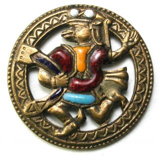 Antique Pierced Brass Button Egyptian Deity W/ Enamel Accents - 3/4 "