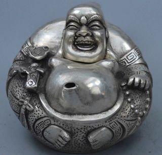 Handwork Collectable MIao Silver Carve Smile Buddha Temple Pray Exorcism Tea Pot 2