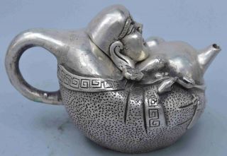 Handwork Collectable MIao Silver Carve Smile Buddha Temple Pray Exorcism Tea Pot 6
