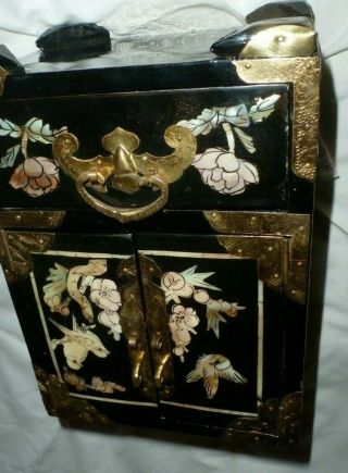 Vintage Chinese Ebony Brass And Mother Of Pearl Jewellery Casket Cabinet