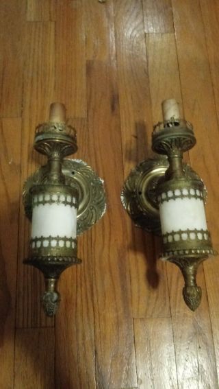 Wall Mounted Vintage Sconce Pair Cast Brass With Marble Electric Fixture