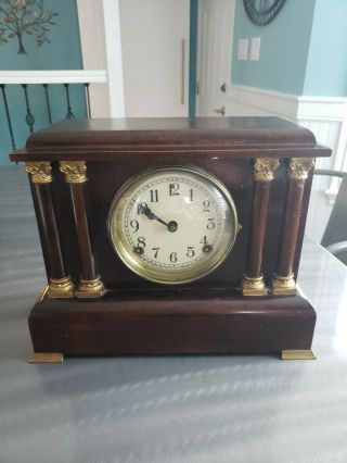 Antique Sessions 4 Pillar Mantle Clock,  Half Hour Strike,  Cathedral Gong