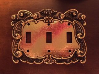 Vintage Brass Triple Switch Plate Cover - Metal Gold Ornate 3 Light Aged