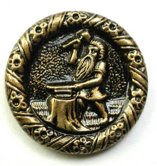 Antique Brass Button Bearded Man Hammering On Tree Trunk - 1 "
