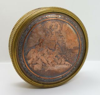 Antique 19c F Boucher Engraved Pastorale Bronze Round Box Signed Wicker