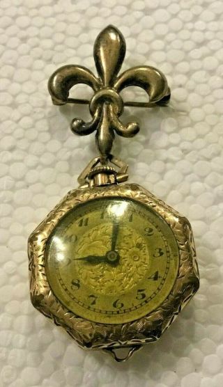 Antique Bulova Ladies Pocket Watch With Sterling Fleur De Lis Pin - Gold Filled