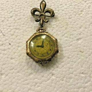 Antique Bulova Ladies Pocket Watch with Sterling Fleur de Lis Pin - Gold Filled 2