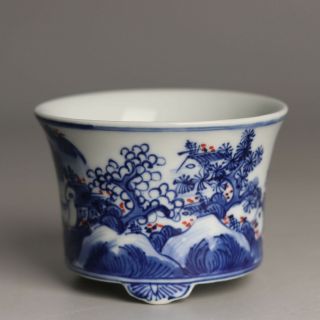 China Antique Porcelain Qing Guangxu Blue White Red Painting Flower Flowerpot