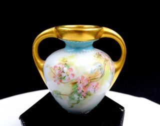 French Porcelain Blue & Pink Enamel Floral Gold Double Handle 3 " Mini Vase