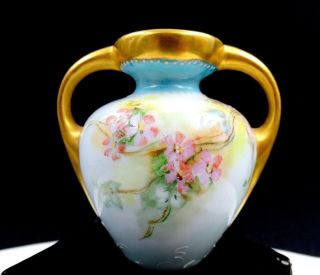 FRENCH PORCELAIN BLUE & PINK ENAMEL FLORAL GOLD DOUBLE HANDLE 3 